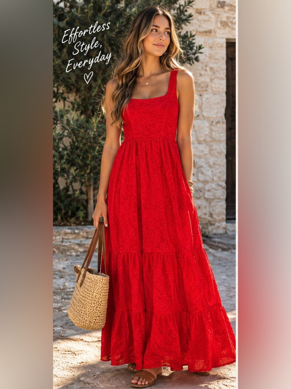 AYR Magic Moment Hour Red Square-neck Tiered Cotton Maxi Dress Lined Cottagecore